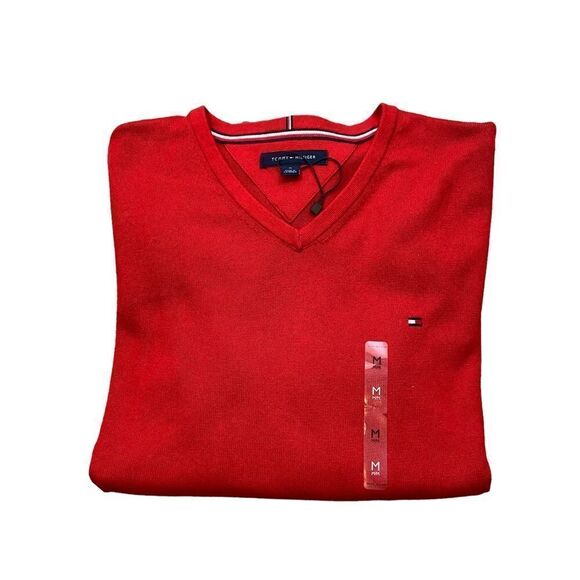 Brand New Without Tags Mens Tommy Hilfiger Red V Neck Cotton Sweater Size Medium - Picture 1 of 10